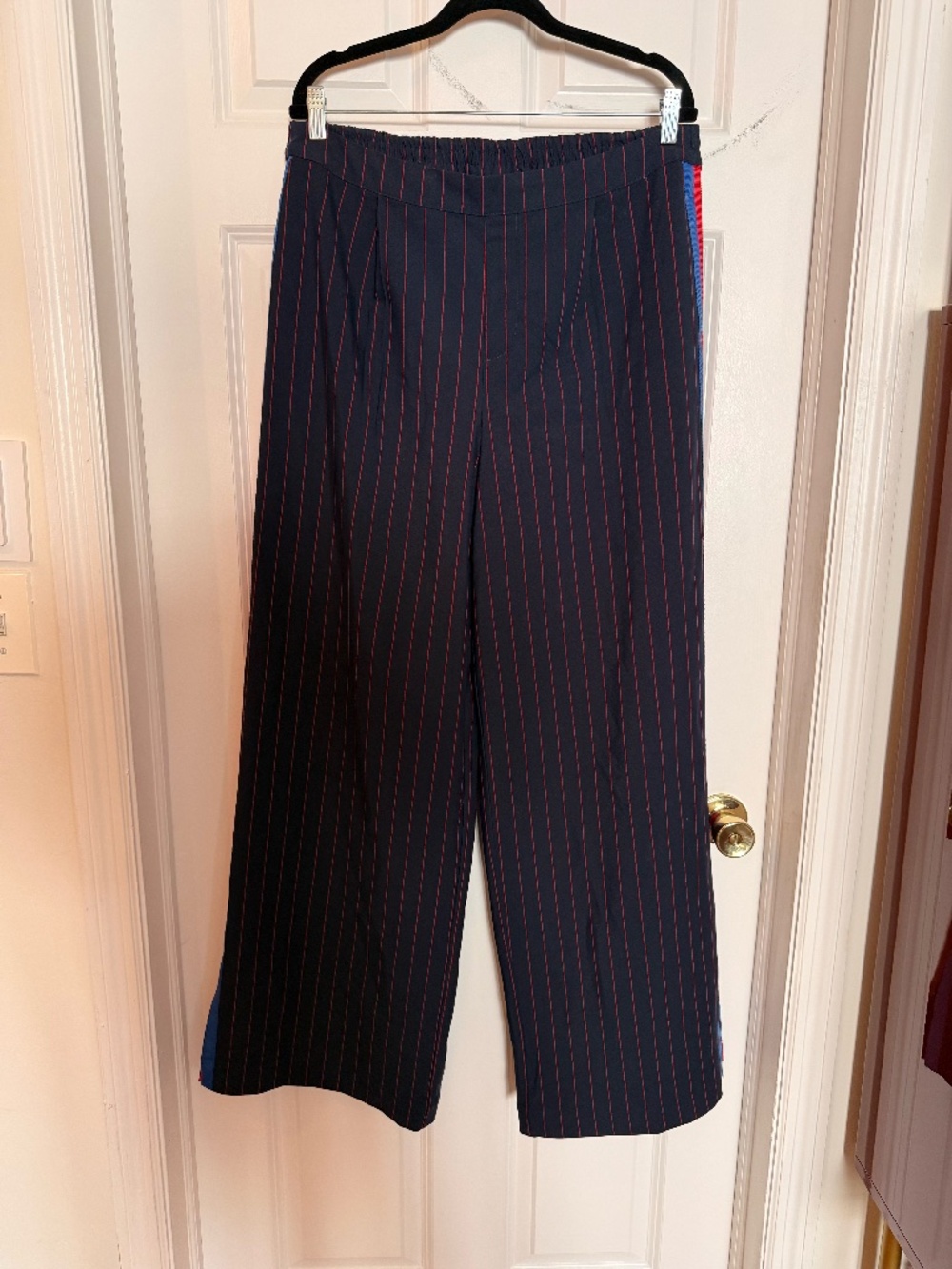 LA LIGNE Navy Blue Red Pinstripe Side Stripe Wide Leg Track Pants Size Large (L)